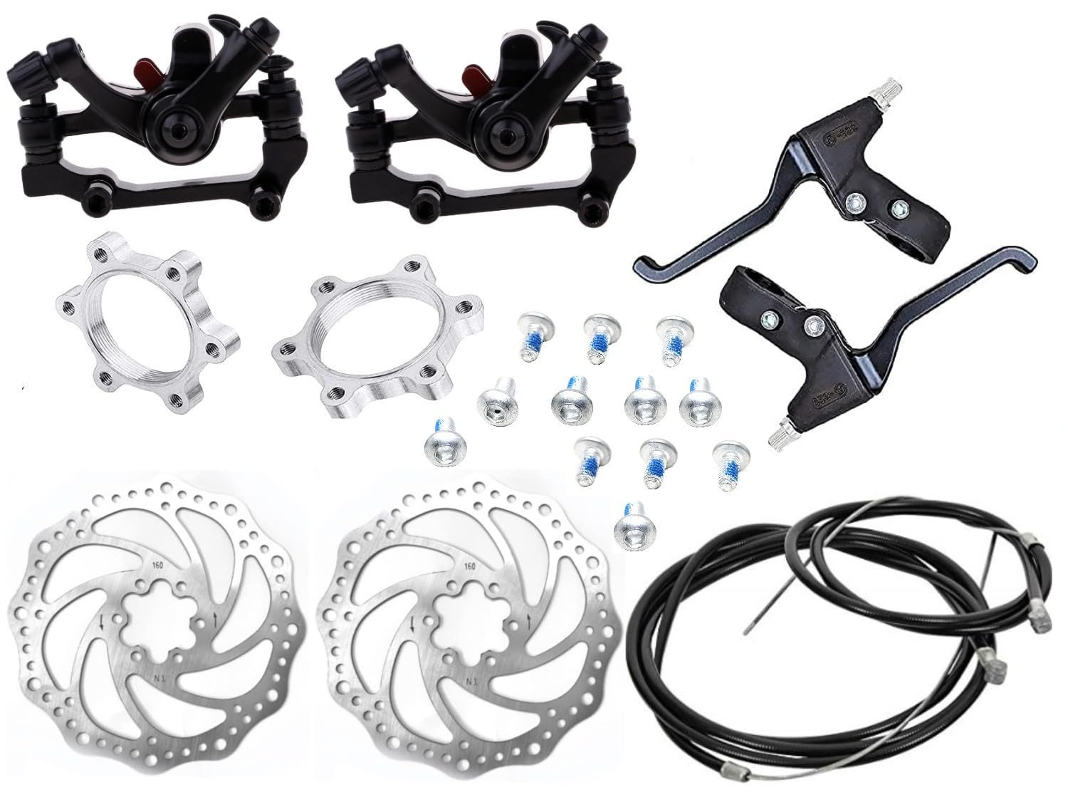 Complete Bicycle Brake Kit, Black and Silver, 2 Disc Calipers, 2 Brake Plates, 2 Brake Levers, Mounting Hardware