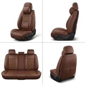 Brown Leather Car Seat Cover with Neck Pillow, Diamond Stitch, 2020