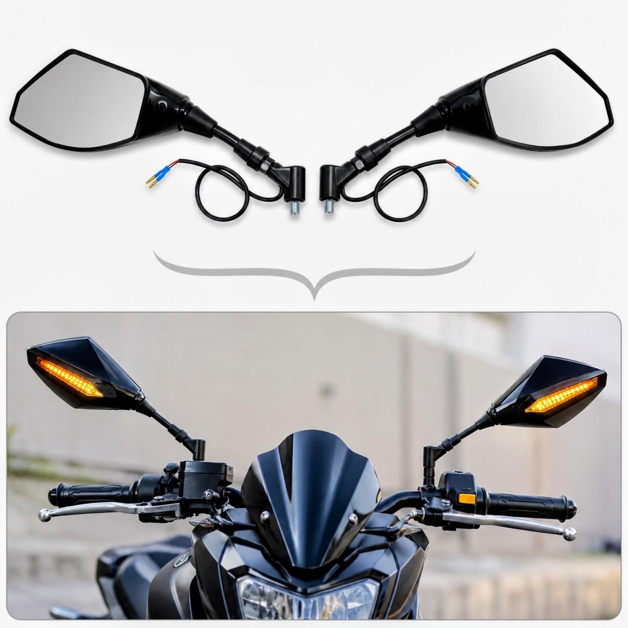 Universal Motorcycle Rear View Mirror Set with Integrated LED Turn Indicators, Angular Black Bike Side Mirrors with Clear Glass, Wired 8mm/10mm Threaded Mount, Left & Right Set of 2 - Image 3