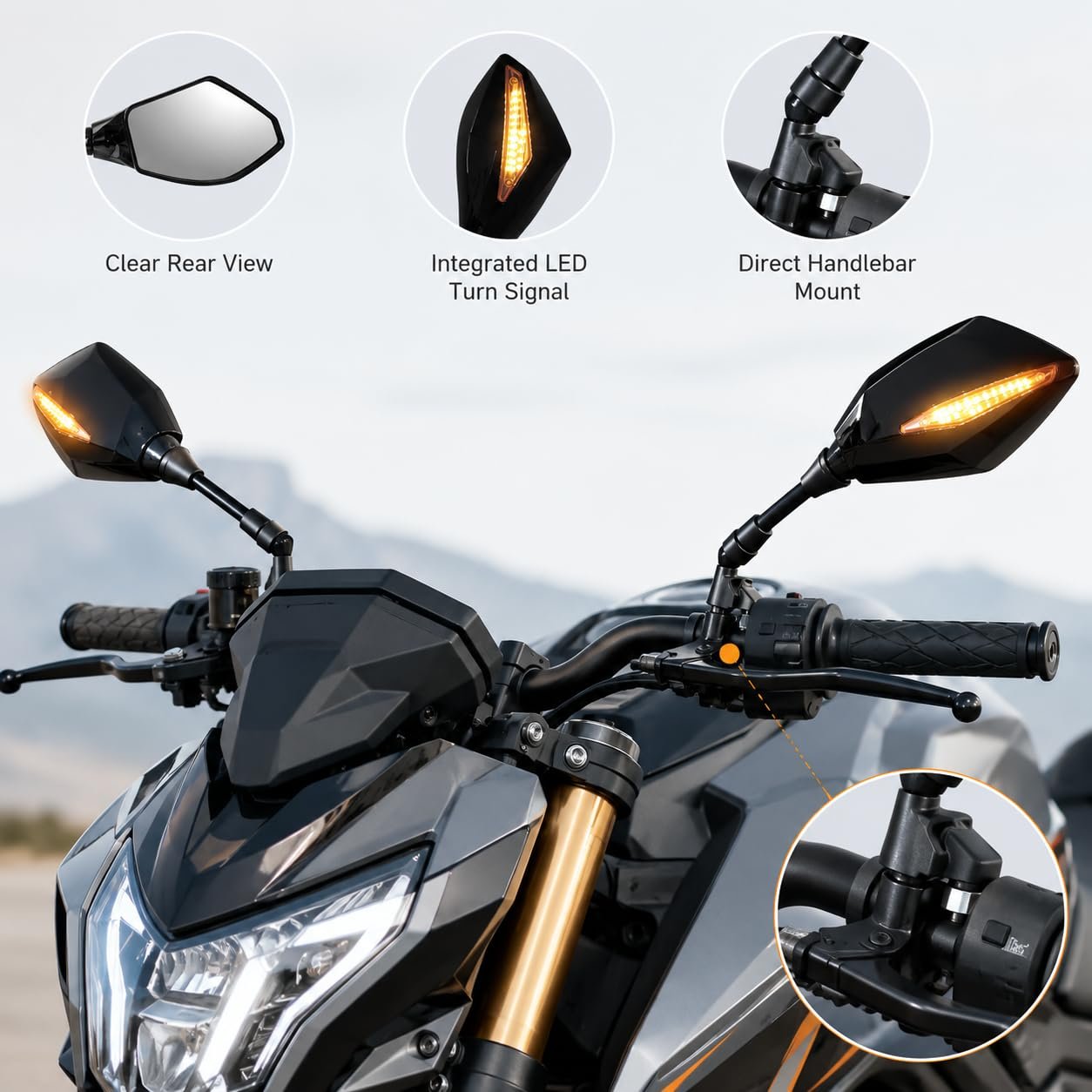 Universal Motorcycle Rear View Mirror Set with Integrated LED Turn Indicators, Angular Black Bike Side Mirrors with Clear Glass, Wired 8mm/10mm Threaded Mount, Left & Right Set of 2 - Image 4