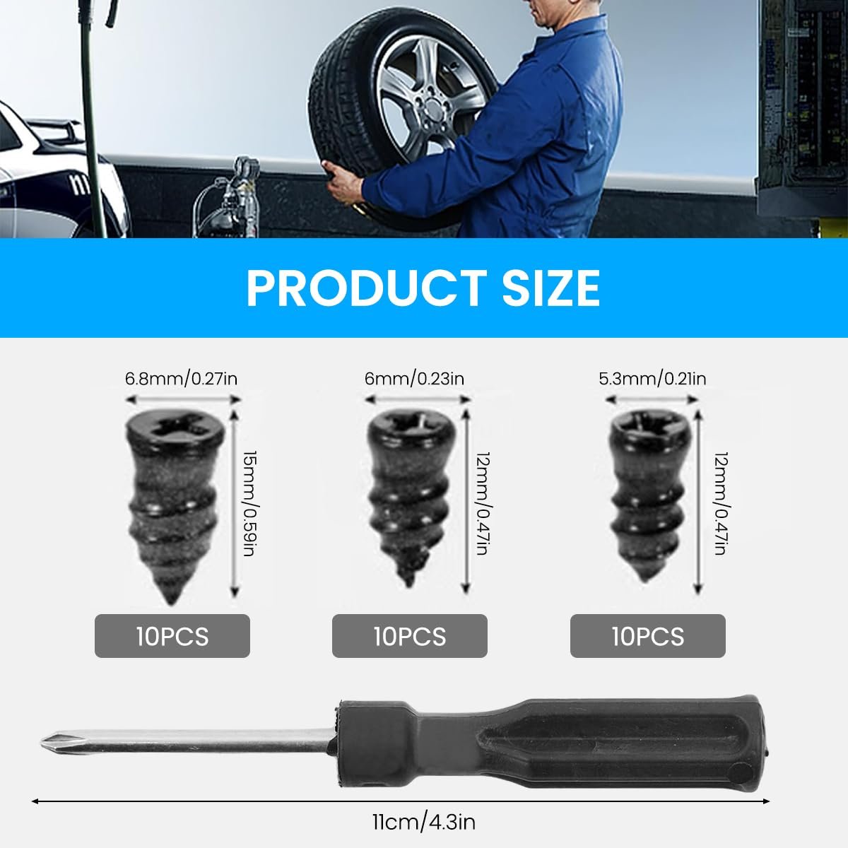 30 Pcs Tubeless Tyre Puncture Repair Kit 3 Sizes - Image 2