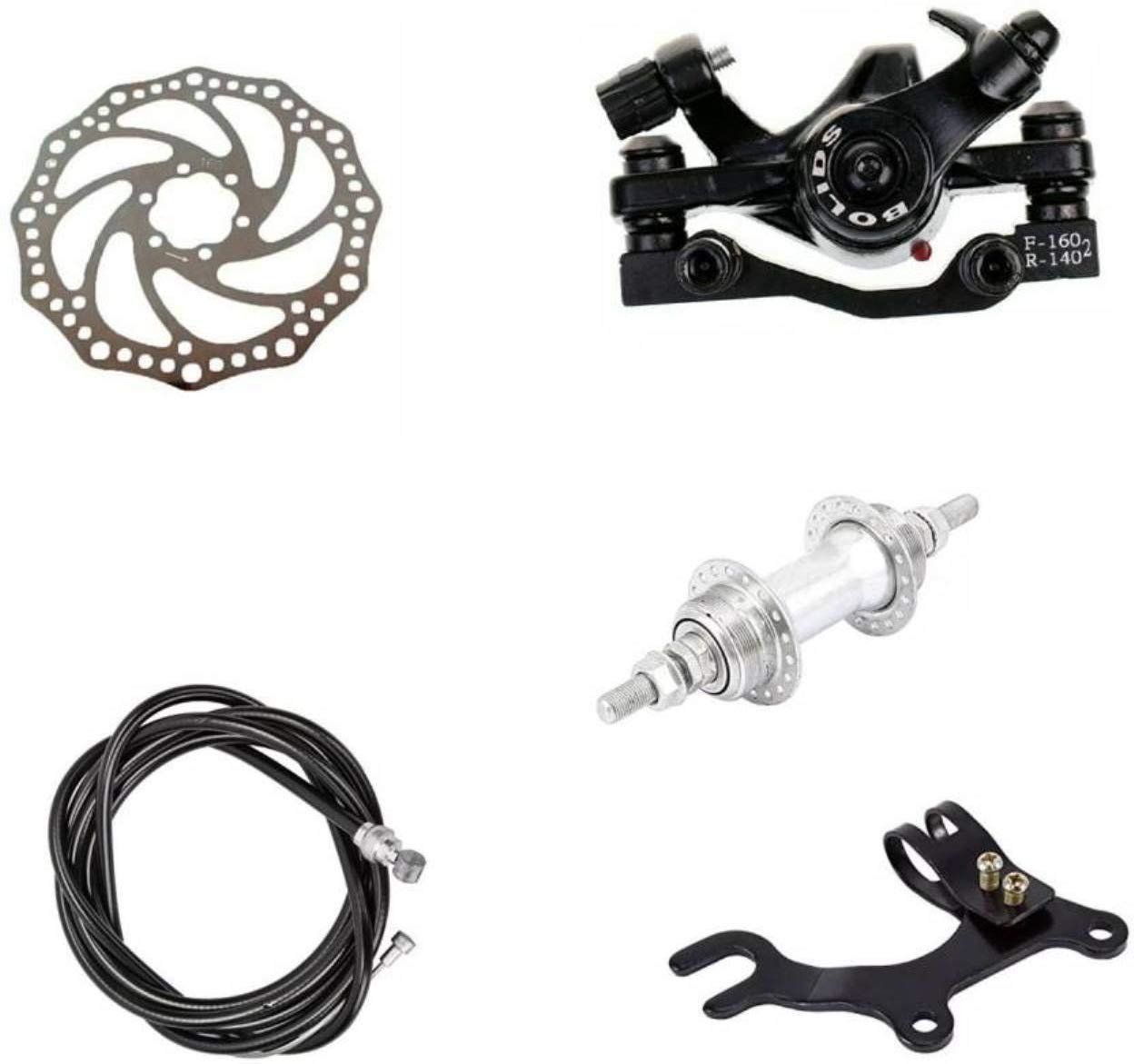 Front Disc Brake Complete Set Disk Brake Plate, Machine, Wire, Hub and Fork Clip (Set of 5 Items) Black