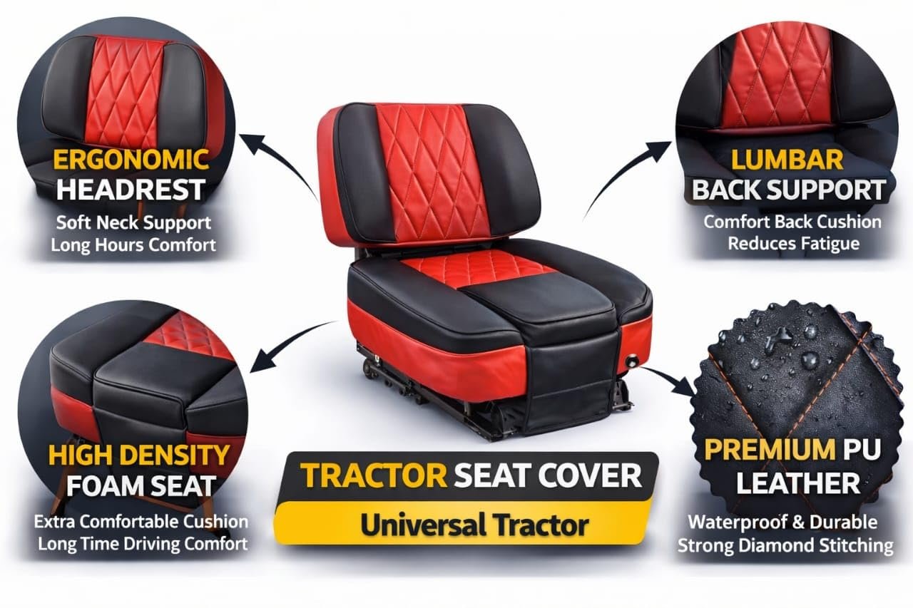 Luxury Diamond-Stitched Seat Cover, Red and Black, Premium PU Leather, Quilted Design, Padded Comfort, Universal Fit for Lawn Mower or Tractor - Image 5