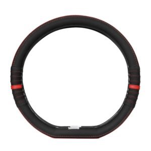 Premium Faux Leather Car Steering Wheel Cover | Flat Bottom (D Shape) Breathable Anti Slip Steering Cover for Untlimate Comfort & Style (Black-Red)