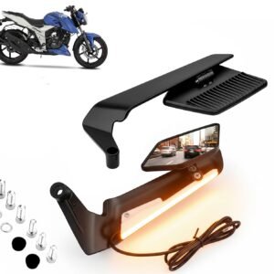 Motorcycle Black Led DRL Mirrors Set Adjustable Rotating Rear View Flip Mirror Stealth Wind Wing Side MIrror compatible with Apache RTR 160 4V (Pack of 2)