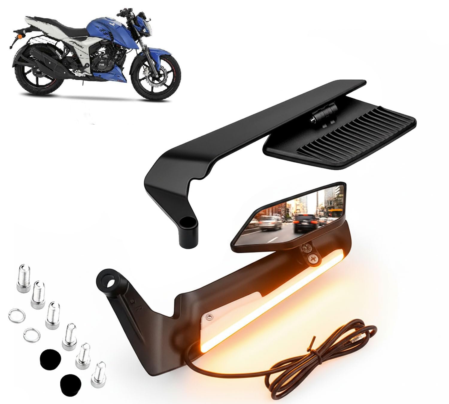 Motorcycle Black Led DRL Mirrors Set Adjustable Rotating Rear View Flip Mirror Stealth Wind Wing Side MIrror compatible with Apache RTR 160 4V (Pack of 2)