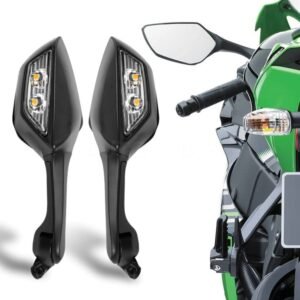 Rear View Side Mirror With Turn Signal LED Indicators Motorcycle Side Rearview Mirrors Adjustable Compatible With R15-V3-V4 Kawasaki Ninja Bike | Front | Set of 2