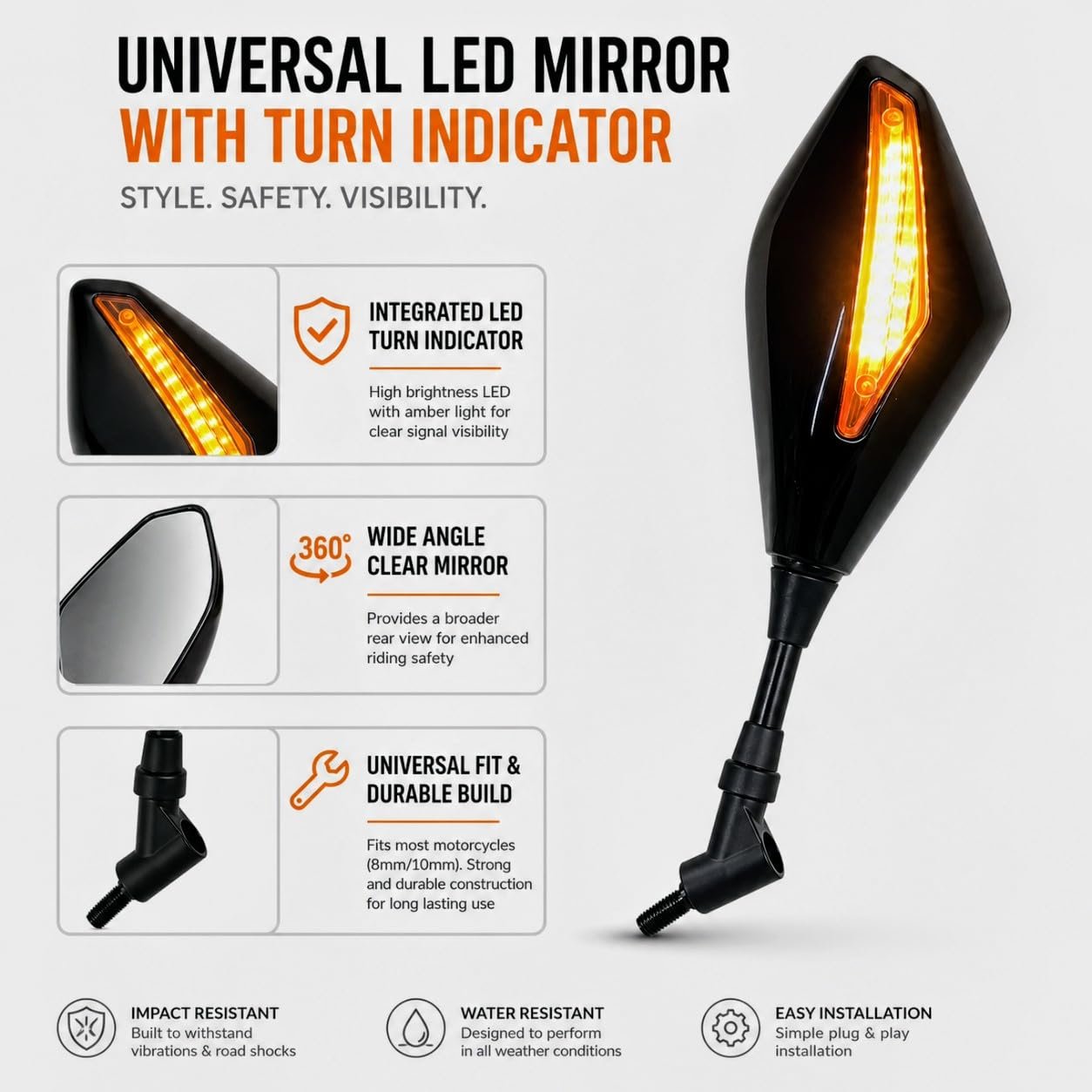 Universal Motorcycle Rear View Mirror Set with Integrated LED Turn Indicators, Angular Black Bike Side Mirrors with Clear Glass, Wired 8mm/10mm Threaded Mount, Left & Right Set of 2 - Image 5