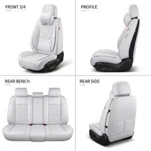 Leather Car Seat Cover with Neck Pillow, White Diamond Stitch, 2008