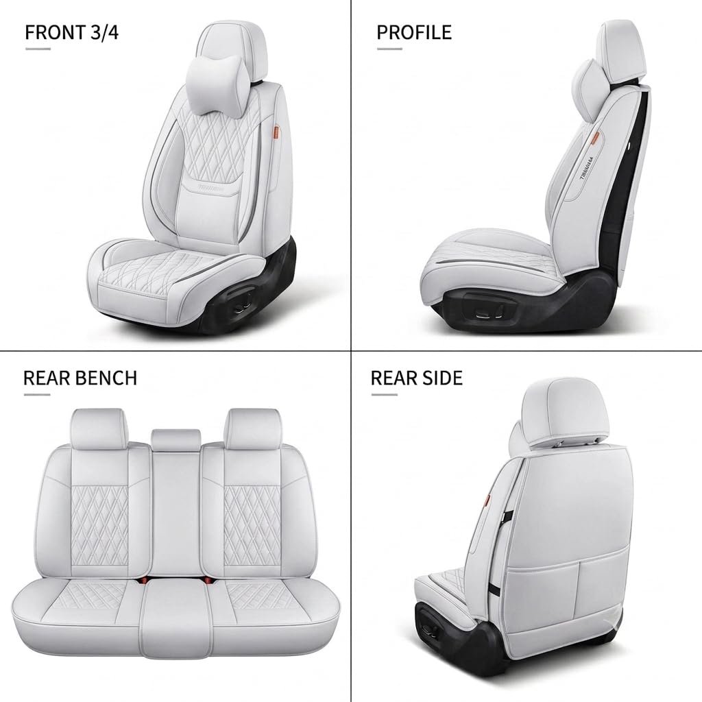 Leather Car Seat Cover with Neck Pillow, White Diamond Stitch, 2008