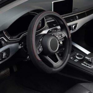 Microfiber Leather Car Steering Wheel Cover 15 Inch Universal Fit, Anti-Slip Breathable Grip, Sweat-Absorbent, Durable Protection for All Cars (Black Design 3)