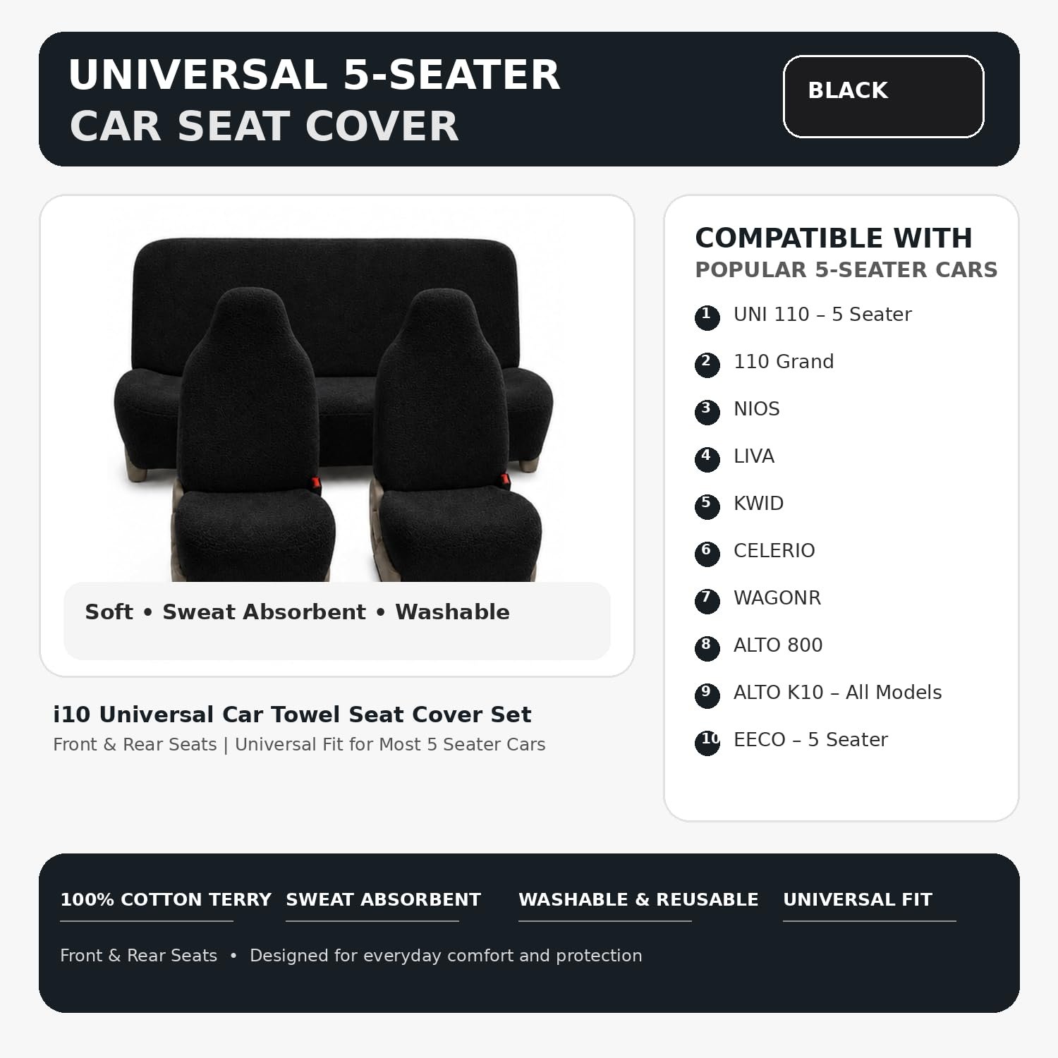 Royal Bharmal Black i10 Universal Car Towel Seat Cover Set for Front & Rear Seats | 100% Cotton Terry Fabric | Sweat Absorbent Washable Soft Seat Protector | Universal Fit for Most 5 Seater Cars - Image 5