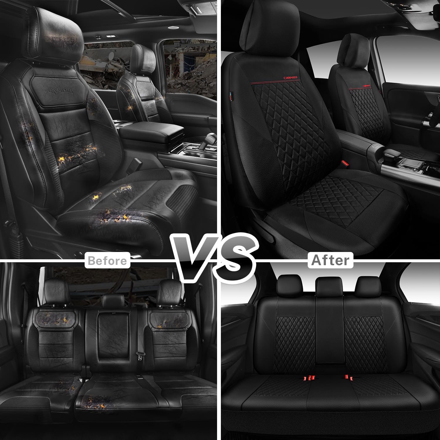 Quilting Faux Leather Seat Covers Full Set, Waterproof Black - Image 5