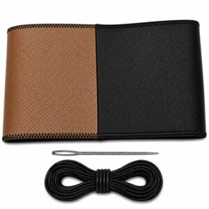 Universal Leather Car Steering Wheel Cover, Hand Stitch Wrap, Anti-Slip Grip, Tan & Black for Endeavour 2010