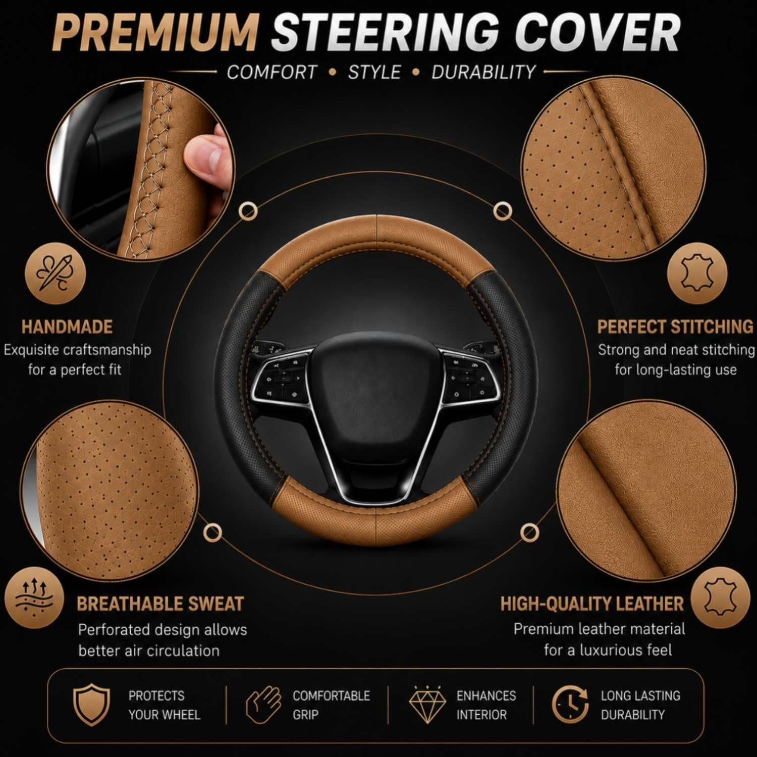 Universal Leather Car Steering Wheel Cover, Hand Stitch Wrap, Anti-Slip Grip, Tan & Black for Endeavour 2010 - Image 5