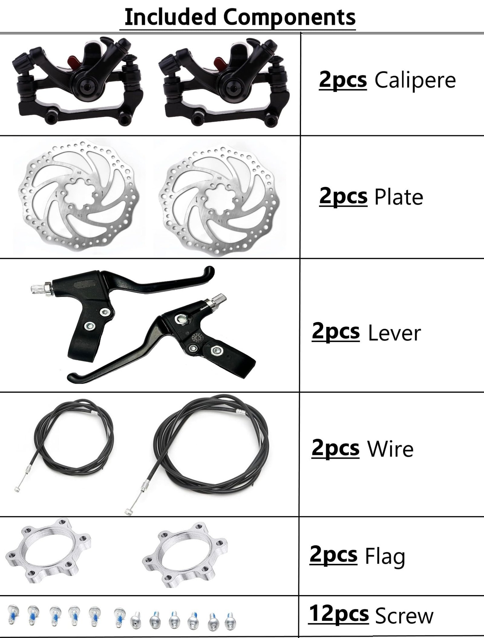 Complete Bicycle Brake Kit, Black and Silver, 2 Disc Calipers, 2 Brake Plates, 2 Brake Levers, Mounting Hardware - Image 2