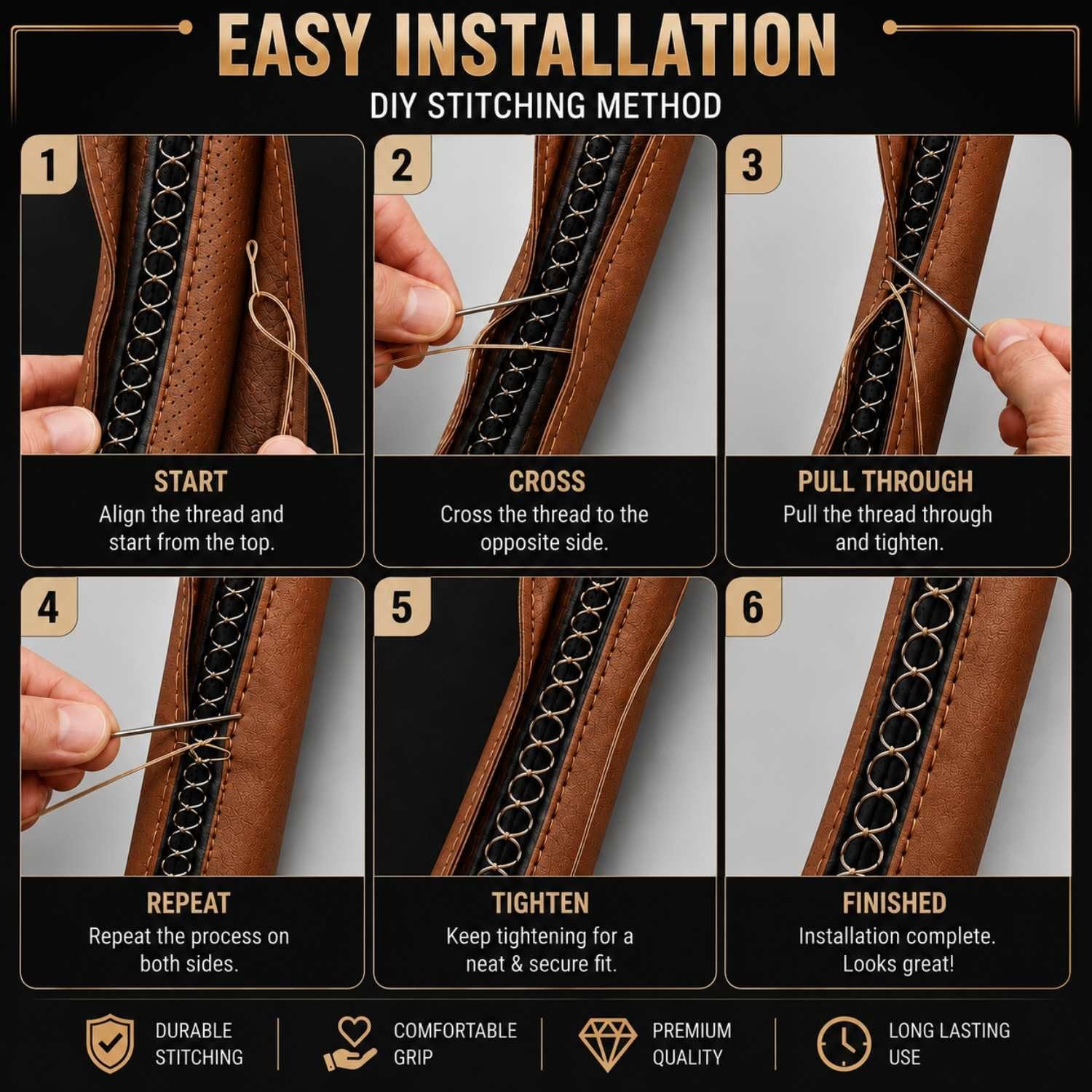 Universal Leather Car Steering Wheel Cover, Hand Stitch Wrap, Anti-Slip Grip, Tan & Black for Endeavour 2010 - Image 2