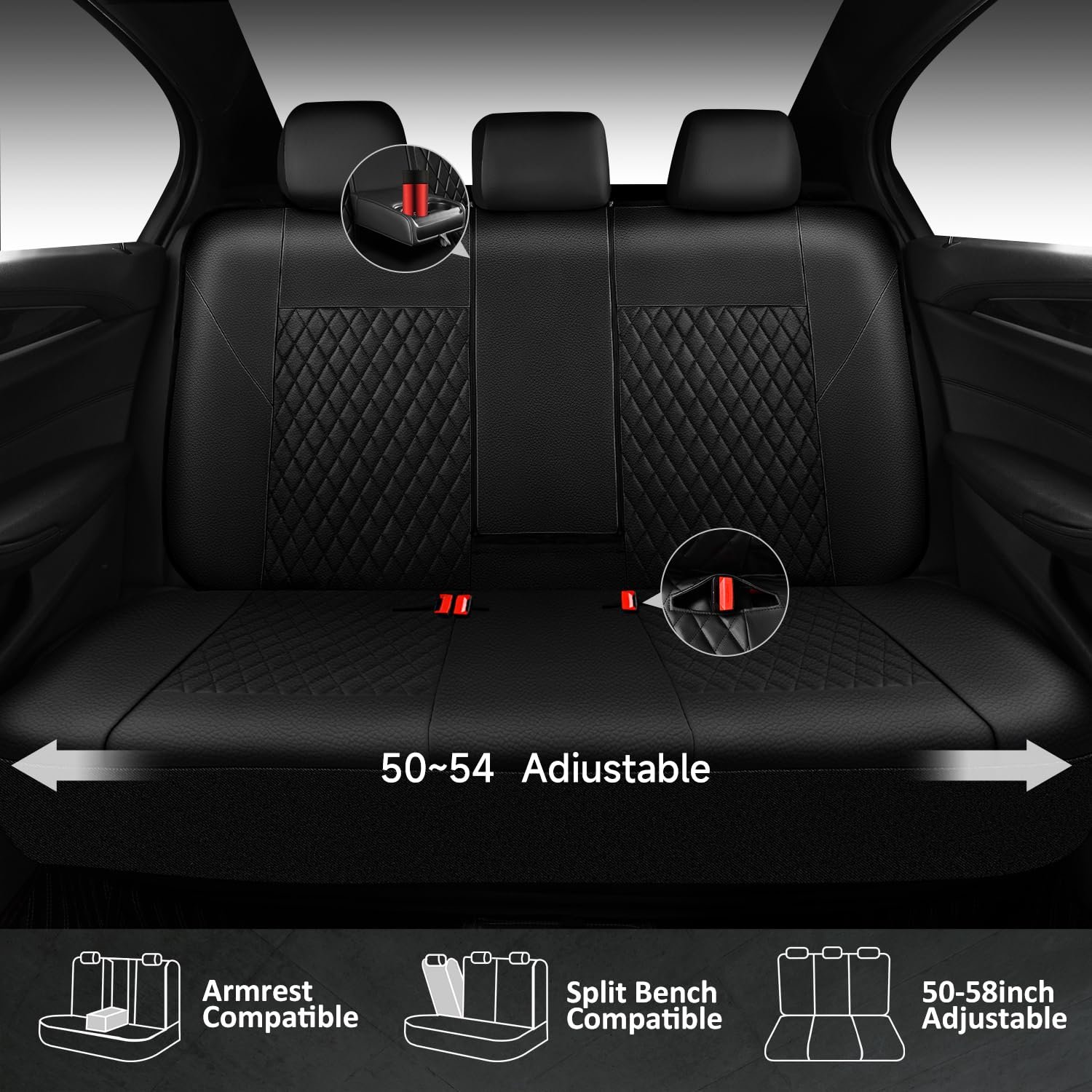 Quilting Faux Leather Seat Covers Full Set, Waterproof Black - Image 3