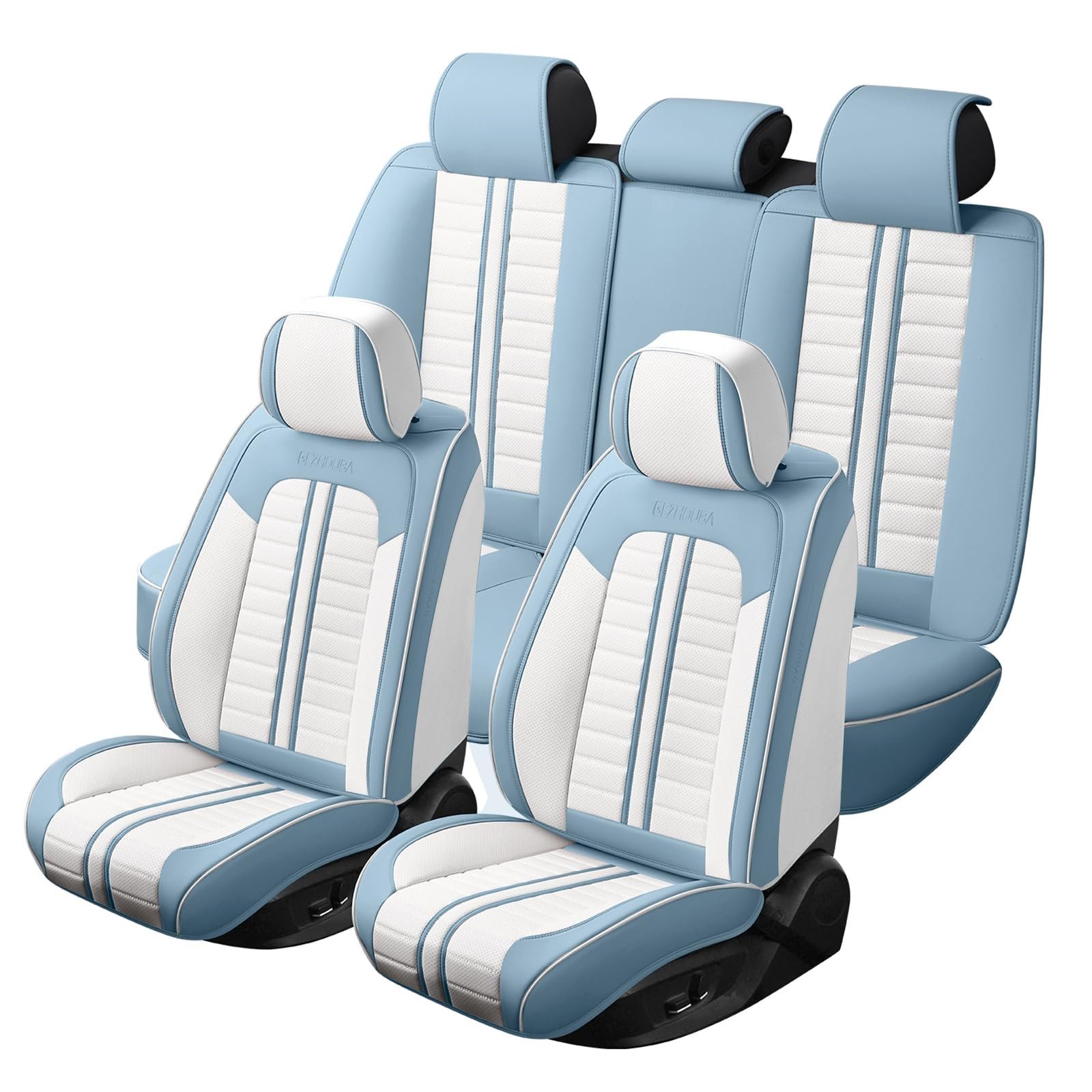 Car Seat Covers Full Set Leather, Luxury Universal Automotive Vehicle Seat Cover for Cars SUV Pick-up Trucks, Heavy Duty Waterproof Seat Protector Blue Car Accessories Interior,Blue and White - Image 2