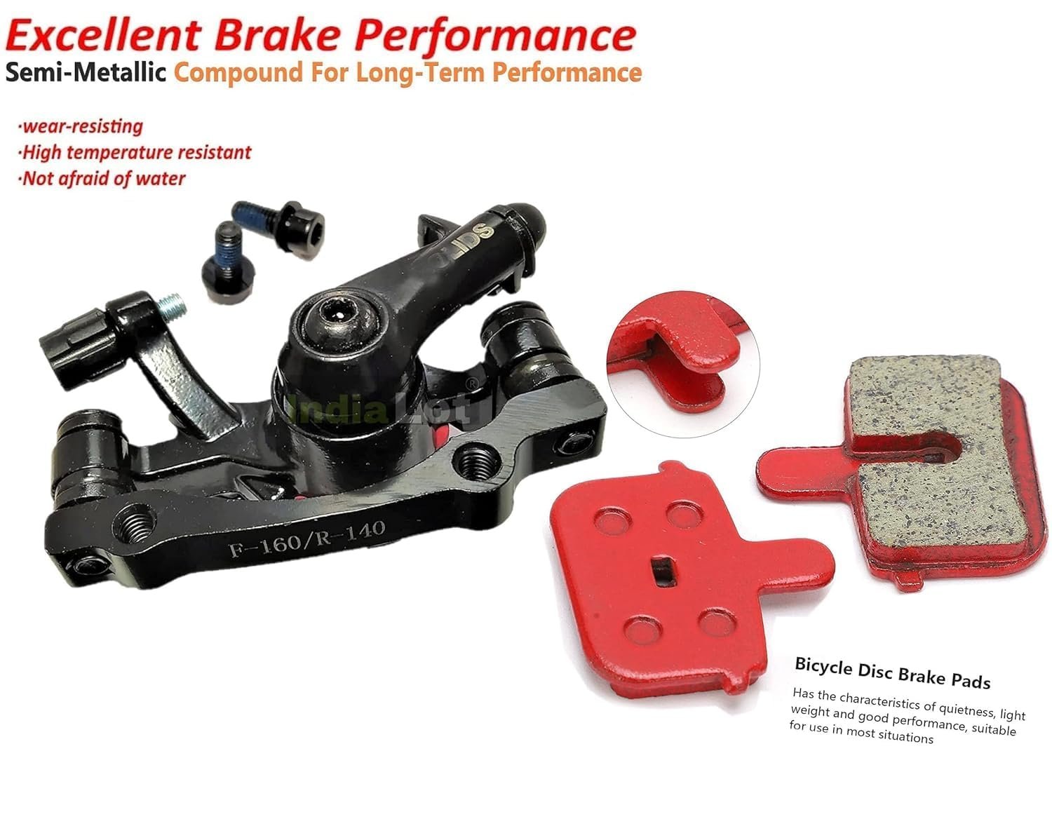 Universal Front & Rear Mechanical Disc Brake Set for Bicycle | Complete Brake Caliper Kit with Semi-Metallic Brake Pads | Compatible with MTB & Geared Cycles | Set of 2 (Red, Disc Calipers with Pads) - Image 5