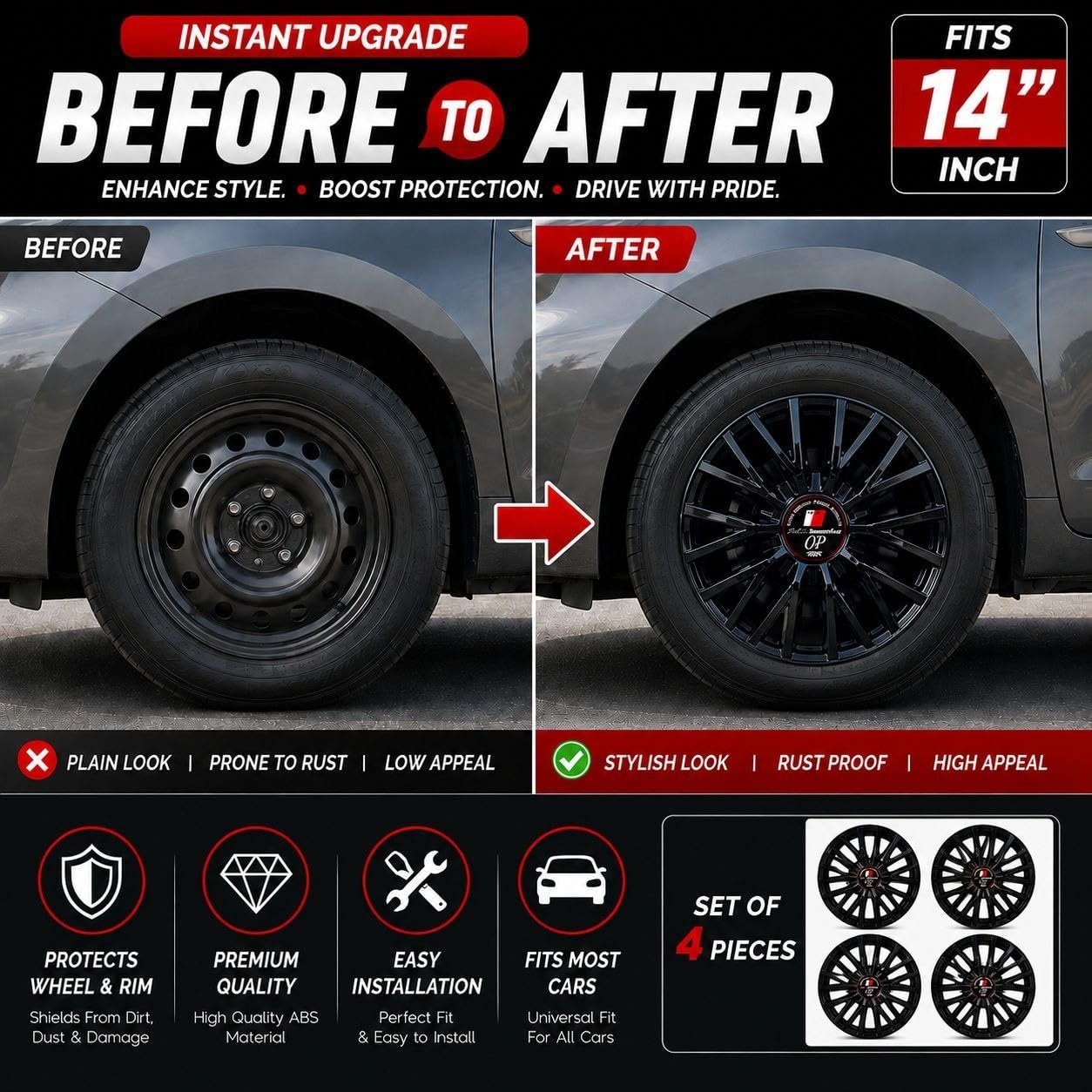 OP Automotive Phantom 14 Inch Wheel Cover Glossy Black - Image 4