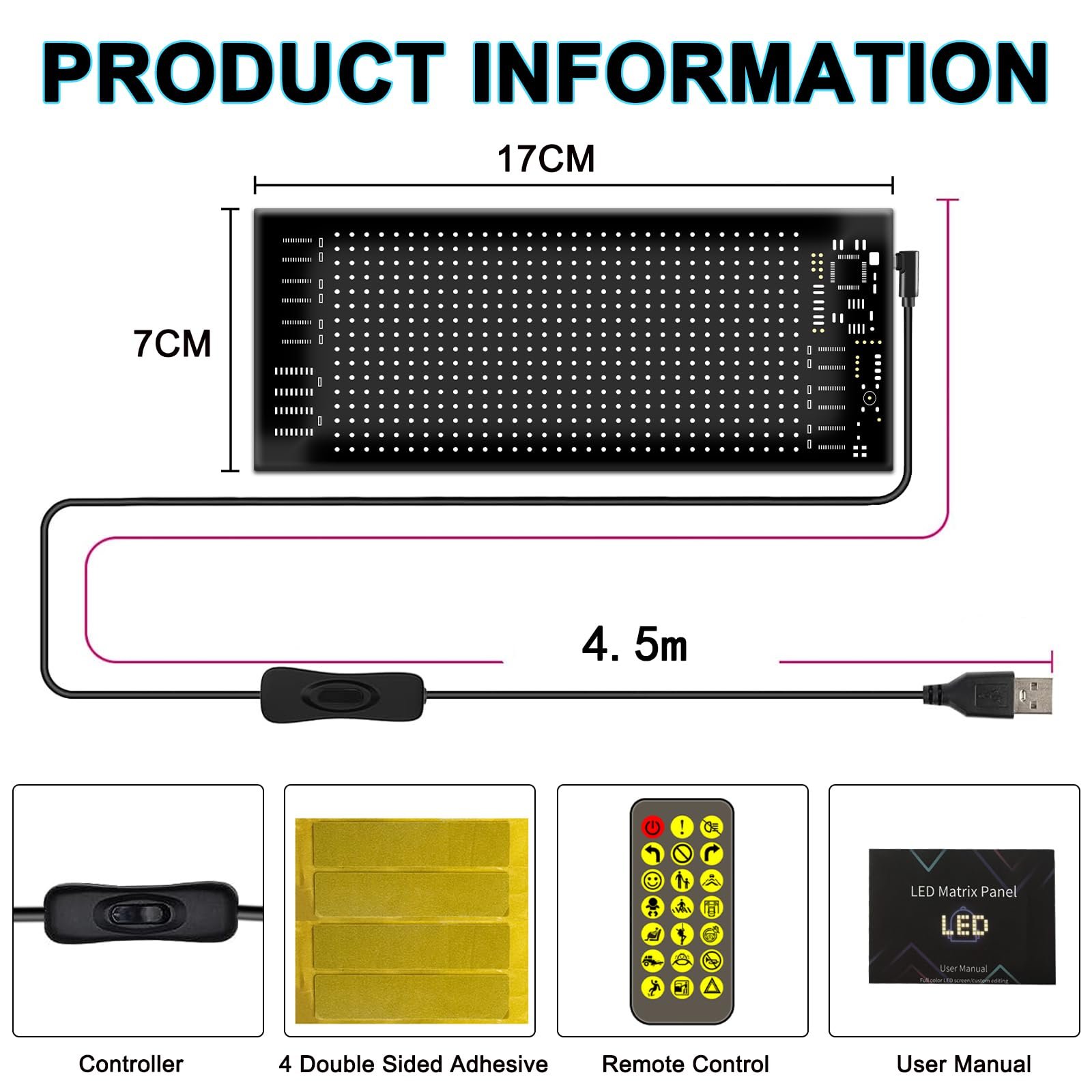 Flexible Programmable Car LED Interior Lights - Bluetooth App/Remote Control, USB 5V Car Custom Text Pattern LED Display Board Matrix Panel, 17 * 7cm - Image 2
