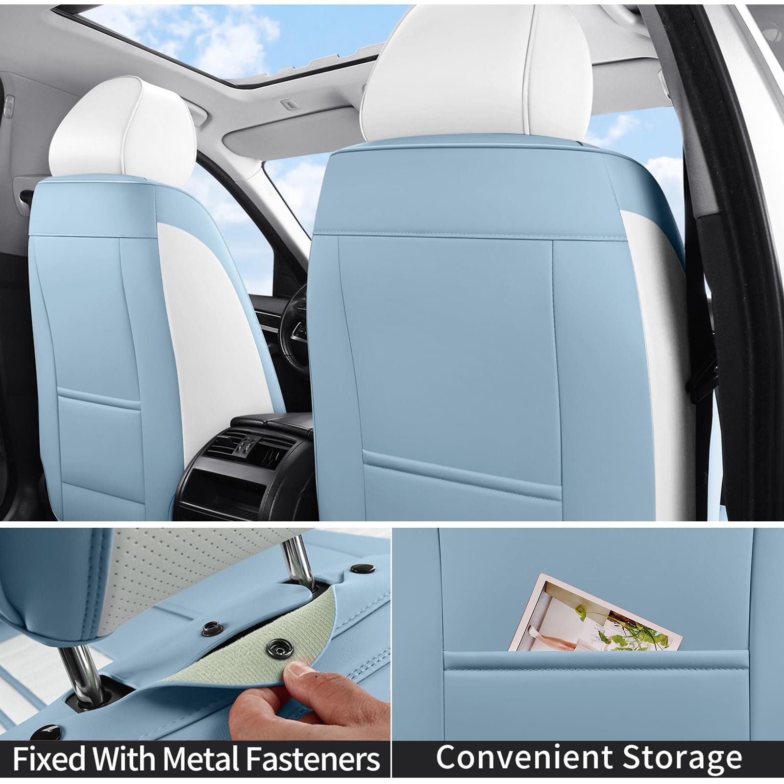 Car Seat Covers Full Set Leather, Luxury Universal Automotive Vehicle Seat Cover for Cars SUV Pick-up Trucks, Heavy Duty Waterproof Seat Protector Blue Car Accessories Interior,Blue and White - Image 3