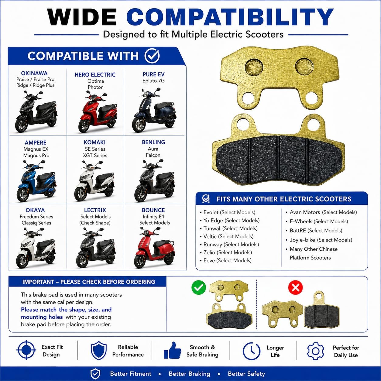 Electric Scooter Disc Brake Pad Set | Smooth & Reliable Braking, Easy Replacement & Long Service Life | Compatible with Okinawa, Hero Electric, PURE EV, Ampere, Komaki & More Electric Scooter Models - Image 3