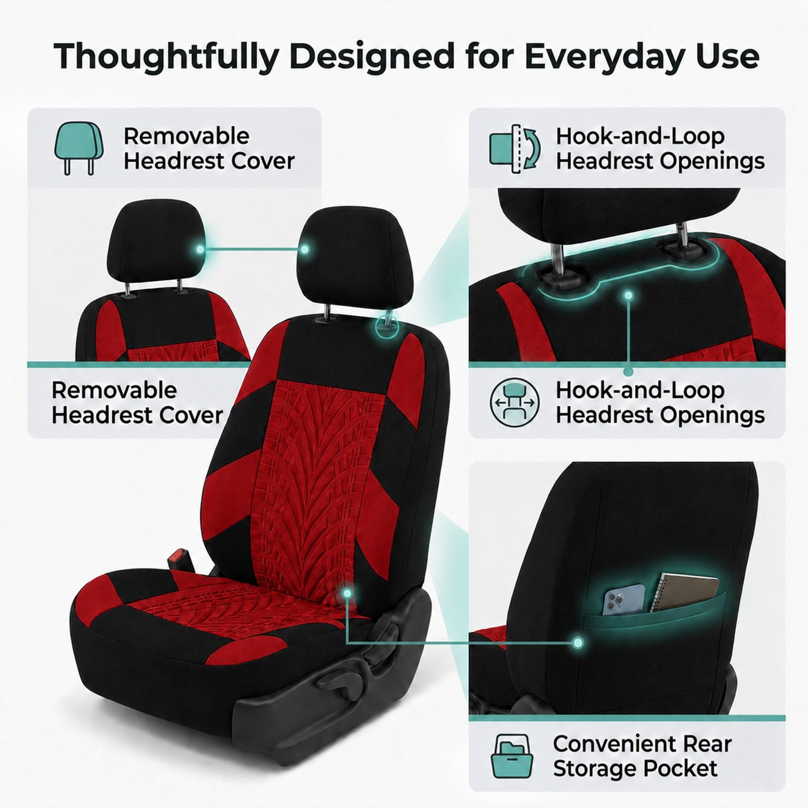 Car Seat Covers Full Set Premium Cloth - Universal Fit,Automotive Seat Cover,Low Back Front Seat Covers,Airbag Compatible,Split Bench Rear Seat,Washable Seat Cover for SUV,Sedan Red - Image 5