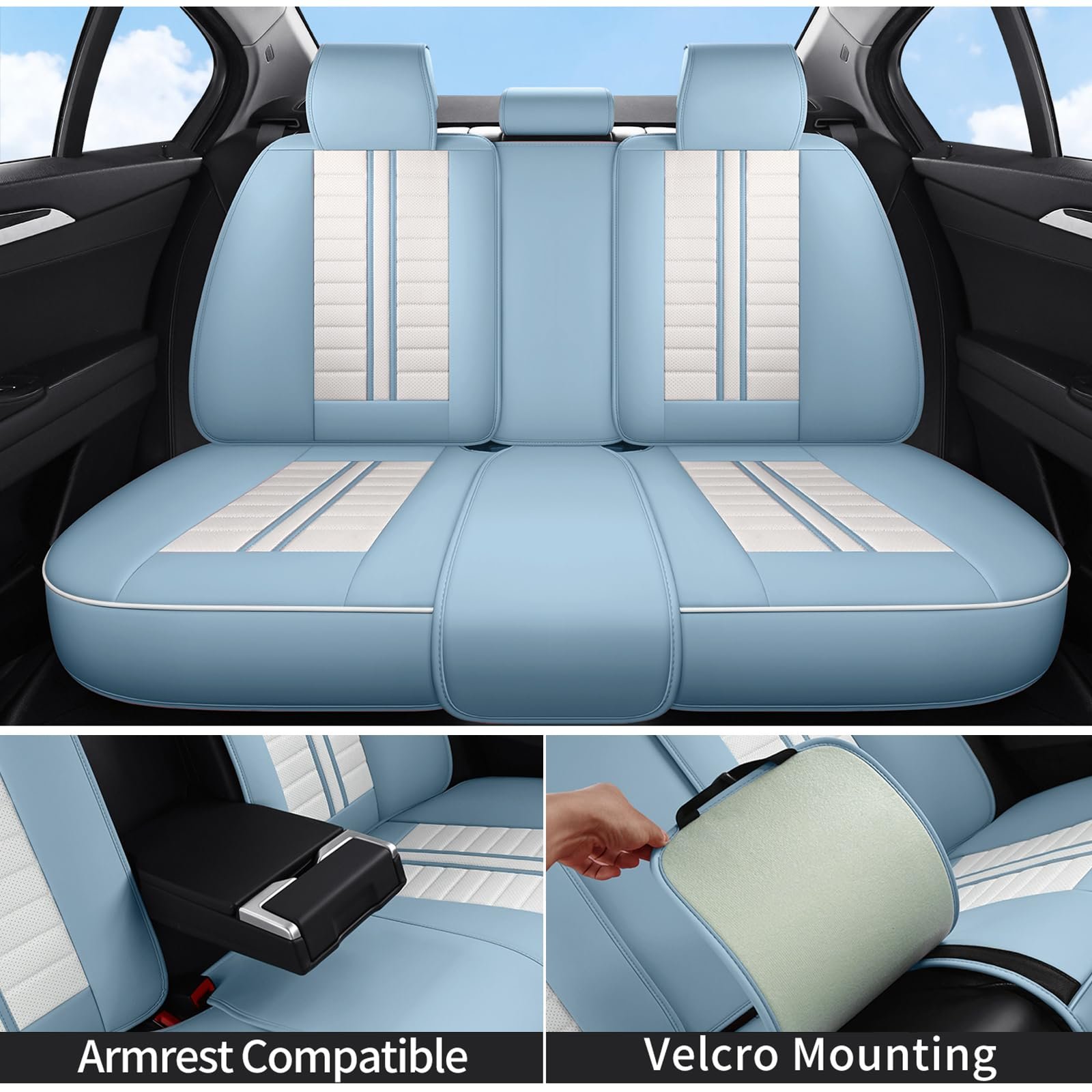 Car Seat Covers Full Set Leather, Luxury Universal Automotive Vehicle Seat Cover for Cars SUV Pick-up Trucks, Heavy Duty Waterproof Seat Protector Blue Car Accessories Interior,Blue and White - Image 4