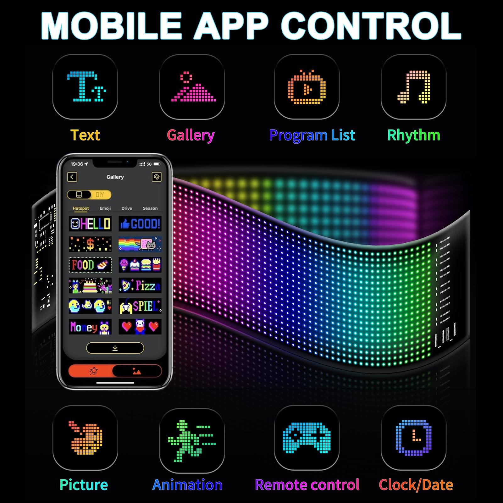 Flexible Programmable Car LED Interior Lights - Bluetooth App/Remote Control, USB 5V Car Custom Text Pattern LED Display Board Matrix Panel, 17 * 7cm - Image 7