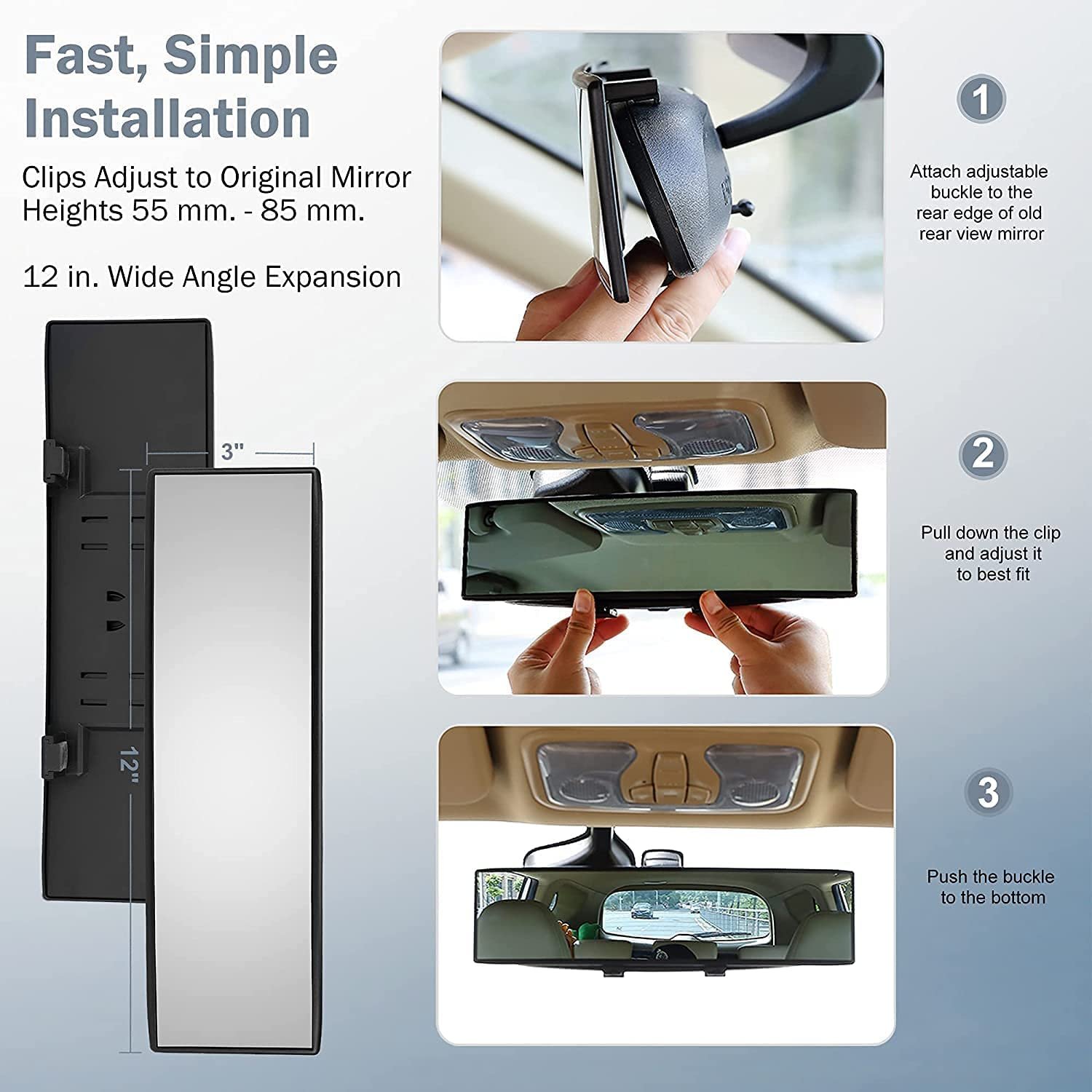 Dependable Direct Universal Interior Clip On Wide Angle Panoramic Rear View Mirror for use in Car, SUV, Truck (Clear Tint, 12 Inch) - Image 4