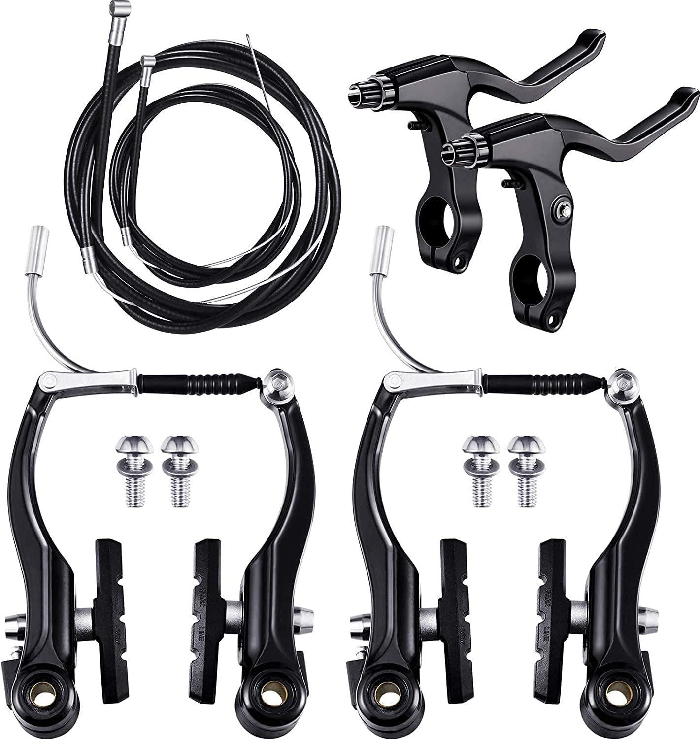 Complete Cycle Brake Set - Front and Rear V Breaks with Pads, Brake Lever, and Cables | Compitable with Hybrid, Racer and Mountain Bikes (Compete Brake Set)