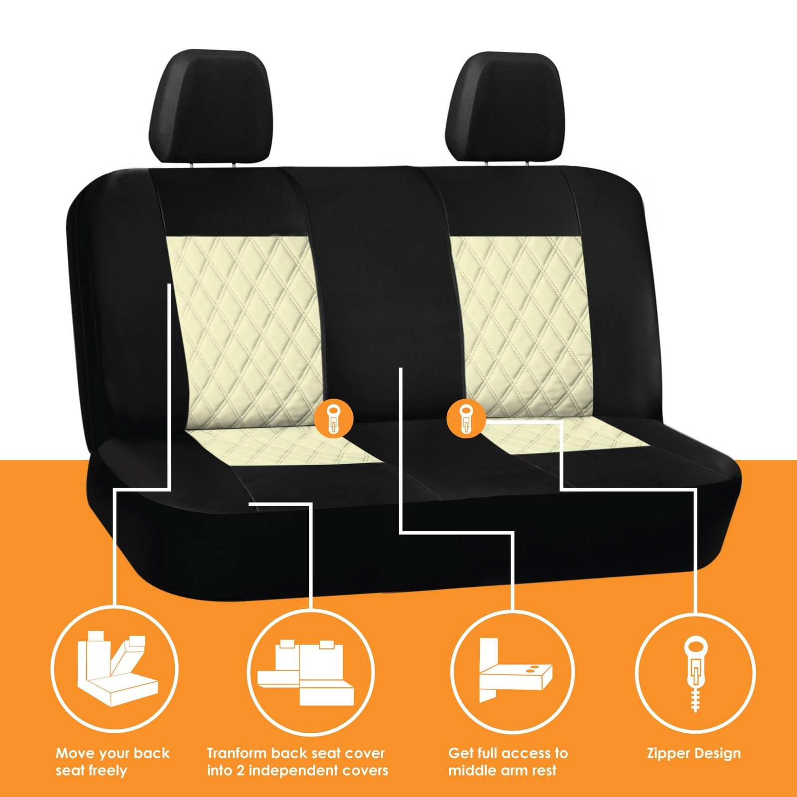 Universal Fit Ultra Modern Quilted Leatherette Seat Covers Full Set - Beige - Image 2