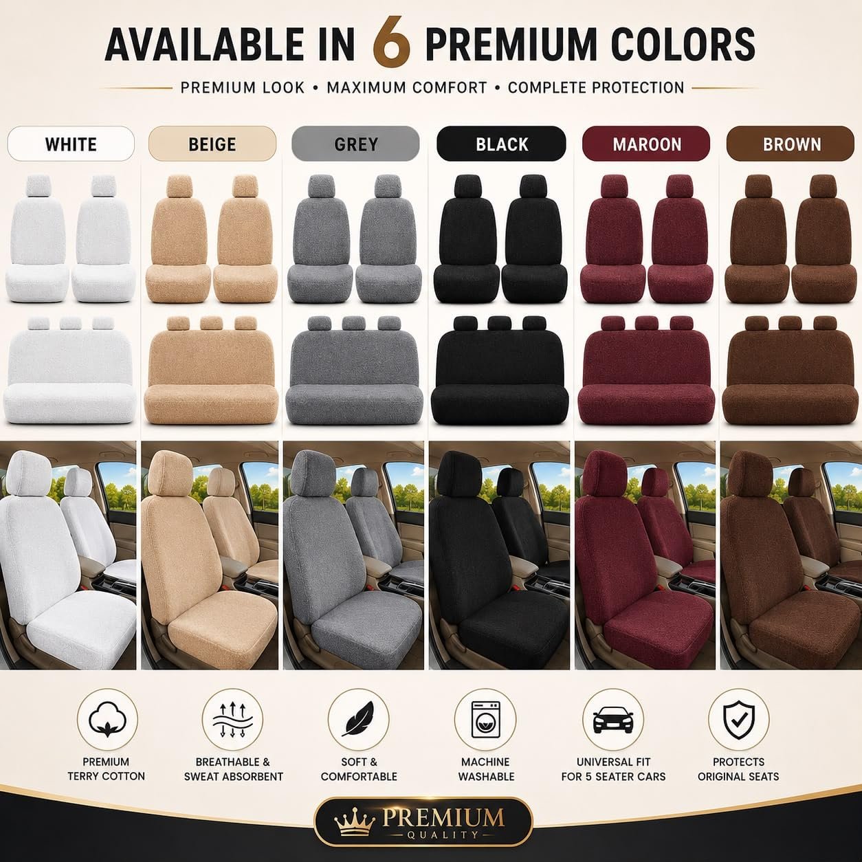 Royal Bharmal Black i10 Universal Car Towel Seat Cover Set for Front & Rear Seats | 100% Cotton Terry Fabric | Sweat Absorbent Washable Soft Seat Protector | Universal Fit for Most 5 Seater Cars - Image 8