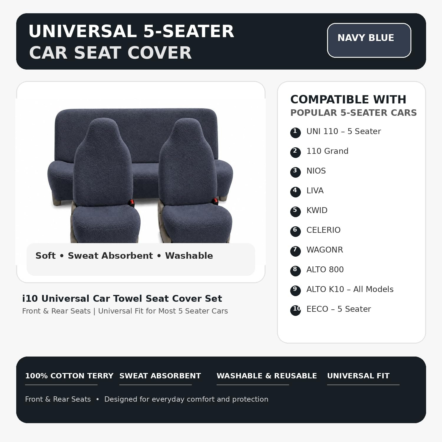 Royal Bharmal Gray i10 Universal Car Towel Seat Cover Set for Front & Rear Seats | 100% Cotton Terry Fabric | Sweat Absorbent Washable Soft Seat Protector | Universal Fit for Most 5 Seater Cars - Image 6