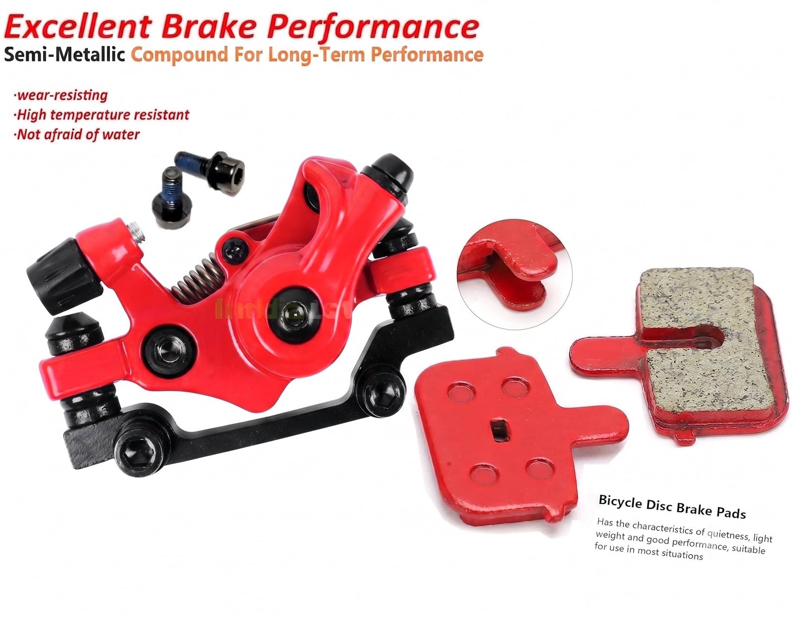 Universal Front & Rear Mechanical Disc Brake Set for Bicycle | Complete Brake Caliper Kit with Semi-Metallic Brake Pads | Compatible with MTB & Geared Cycles | Set of 2 (Red, Disc Calipers with Pads) - Image 2