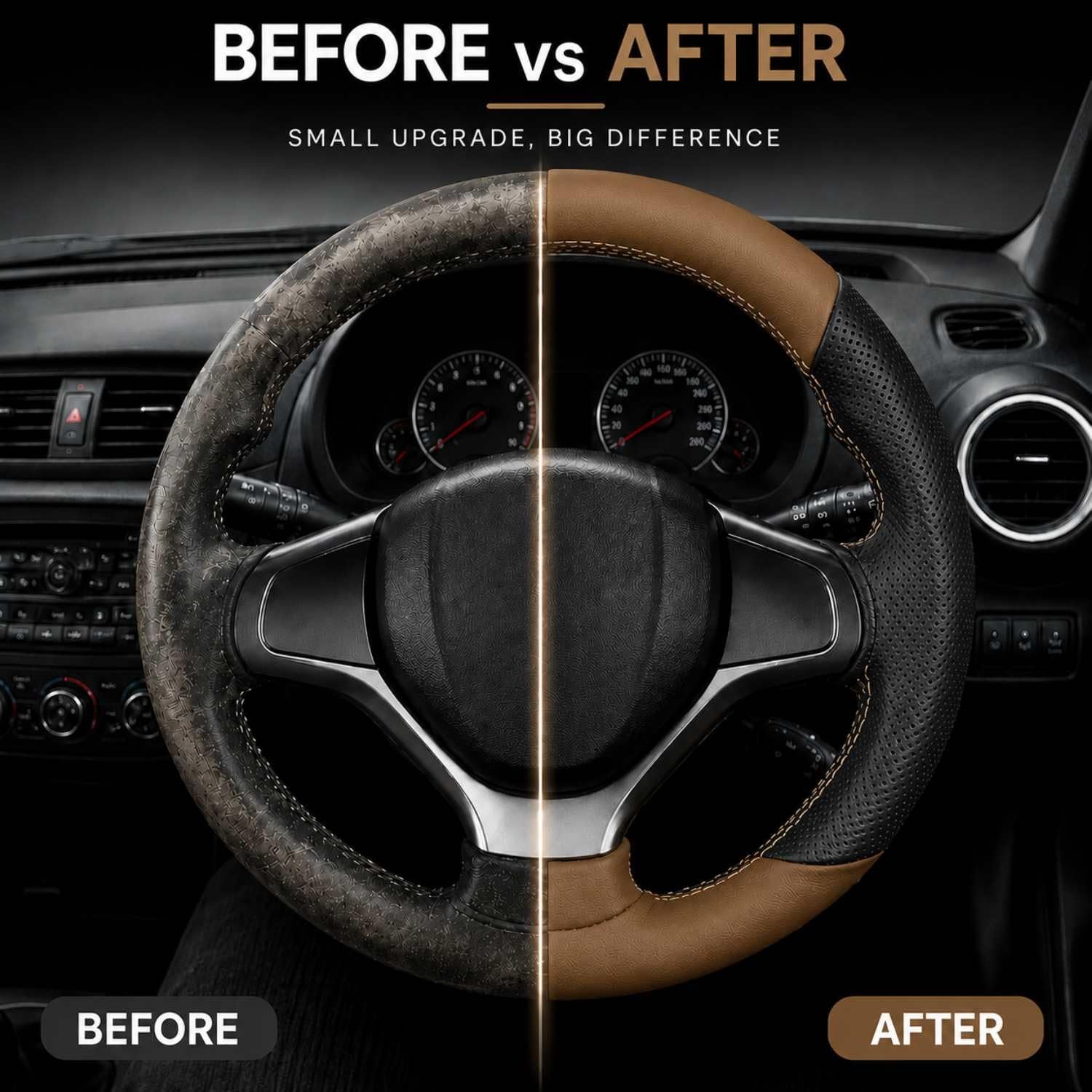 Universal Leather Car Steering Wheel Cover, Hand Stitch Wrap, Anti-Slip Grip, Tan & Black for Endeavour 2010 - Image 3