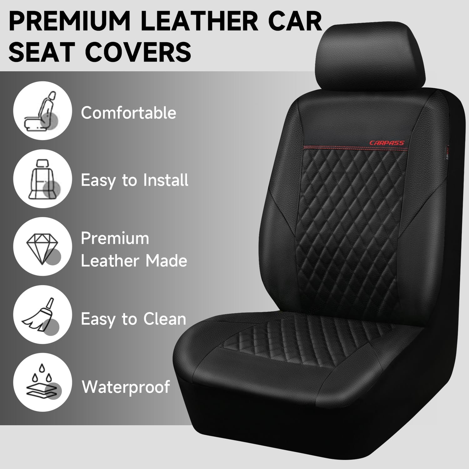 Quilting Faux Leather Seat Covers Full Set, Waterproof Black - Image 4