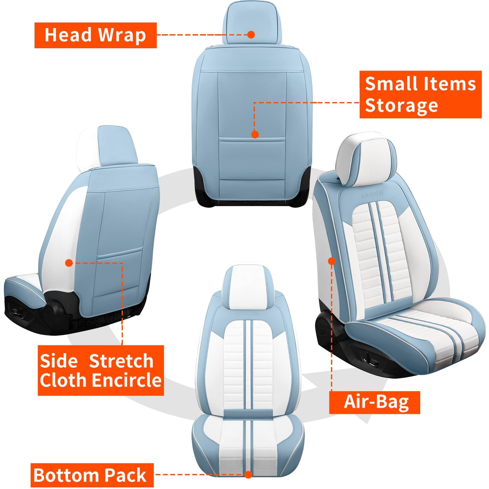Car Seat Covers Full Set Leather, Luxury Universal Automotive Vehicle Seat Cover for Cars SUV Pick-up Trucks, Heavy Duty Waterproof Seat Protector Blue Car Accessories Interior,Blue and White - Image 5