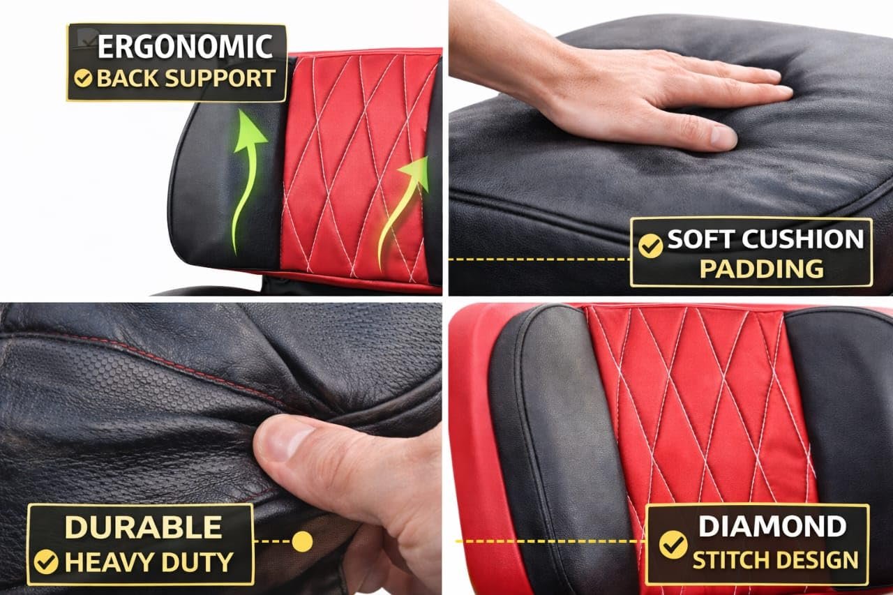 Luxury Diamond-Stitched Seat Cover, Red and Black, Premium PU Leather, Quilted Design, Padded Comfort, Universal Fit for Lawn Mower or Tractor - Image 6
