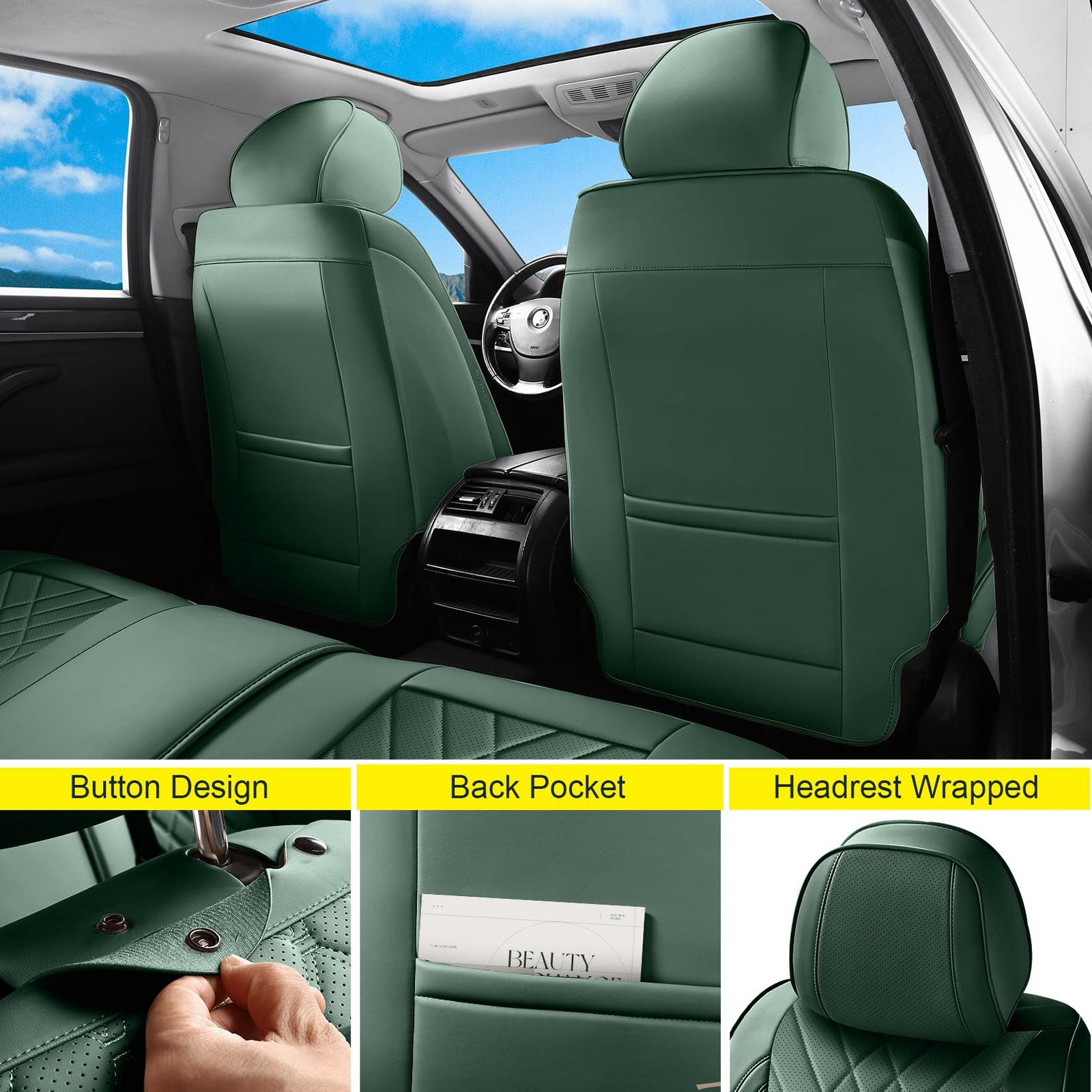 Green Car Seat Covers Full Set Universal 5-Seater Full Coverage - Image 3