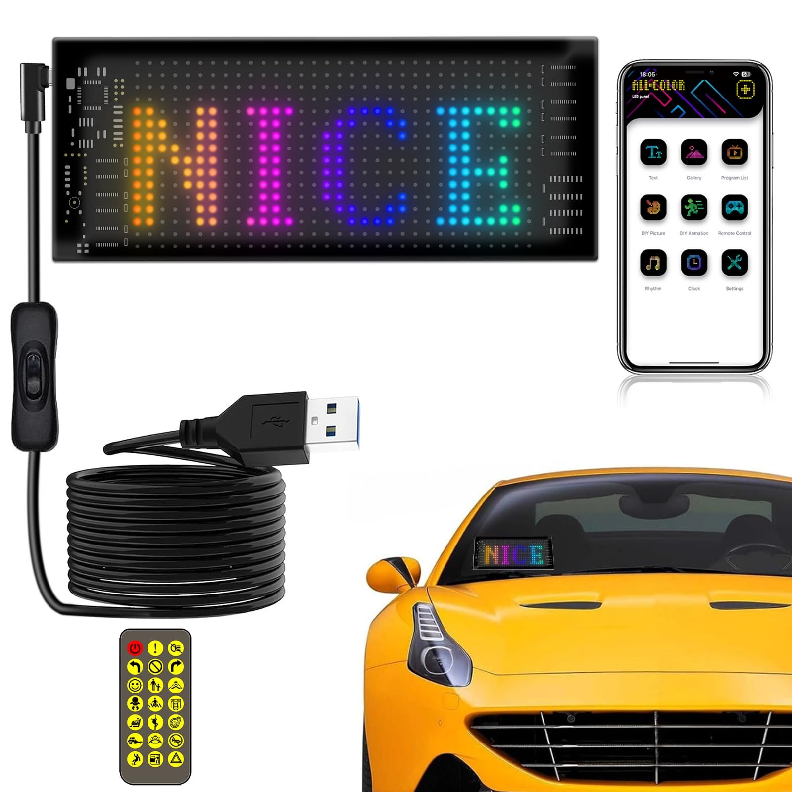 Flexible Programmable Car LED Interior Lights - Bluetooth App/Remote Control, USB 5V Car Custom Text Pattern LED Display Board Matrix Panel, 17 * 7cm