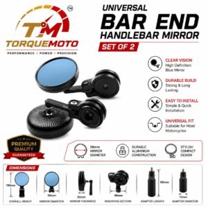 TorqueMoto Universal Bike Side Mirror Set of 2, Round Bar End Rear View Mirror, Blue Anti-Glare Motorcycle Handlebar Mirror, Black