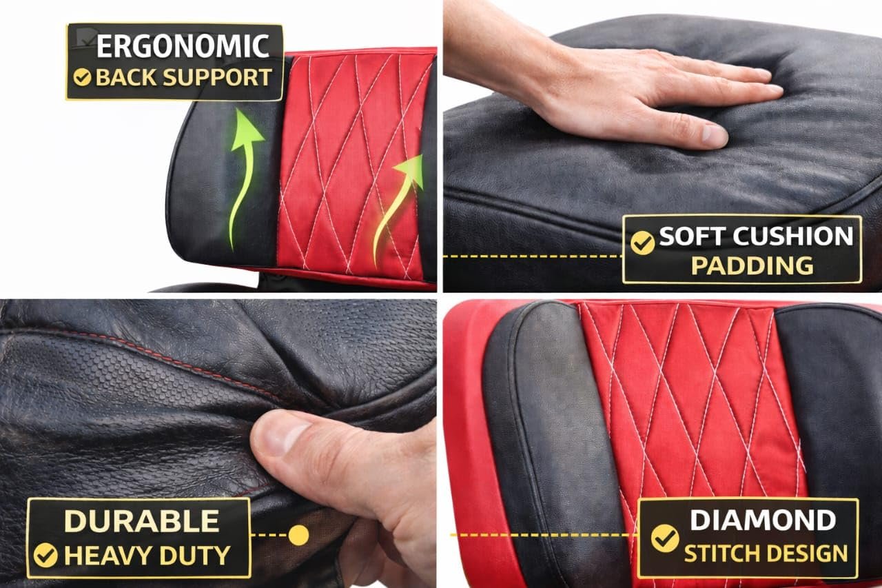 Luxury Diamond-Stitched Seat Cover, Red and Black, Premium PU Leather, Quilted Design, Padded Comfort, Universal Fit for Lawn Mower or Tractor - Image 4