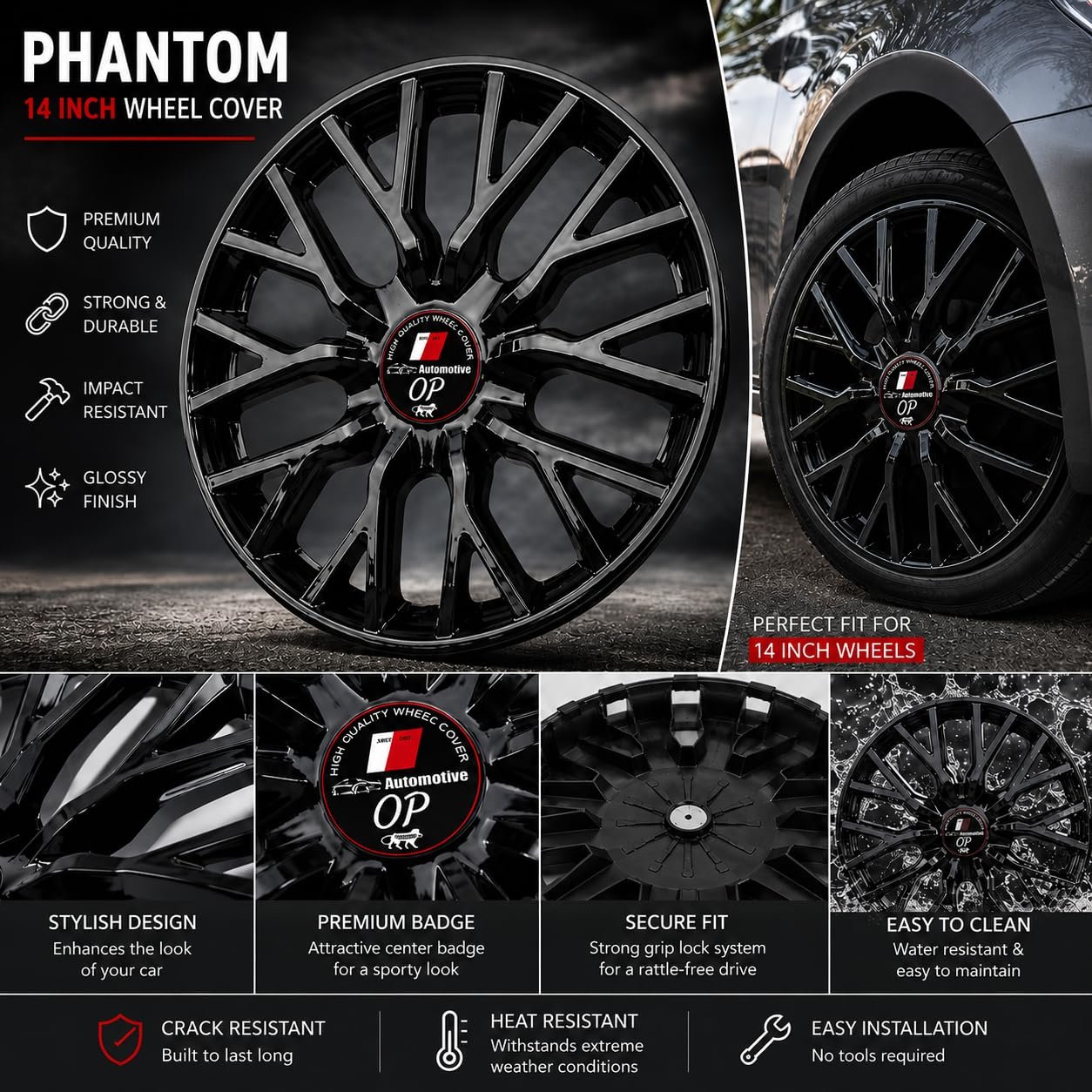 OP Automotive Phantom 14 Inch Wheel Cover Glossy Black - Image 2