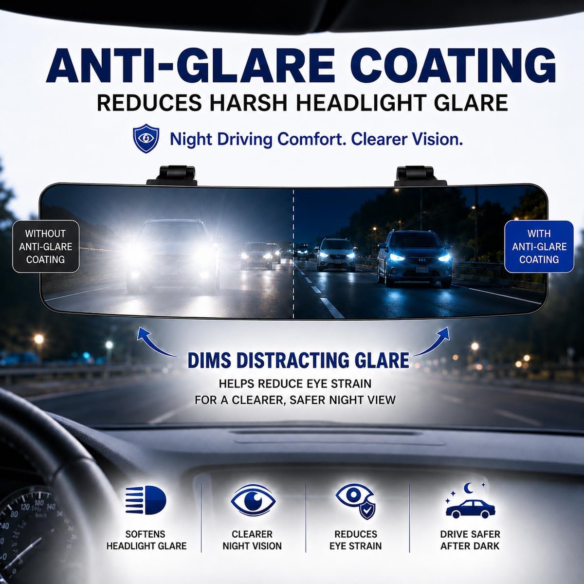 Anti Glare Rear View Mirror for Car, Clip on Wide Angle Rearview Mirror Eliminate Blind Spots Convex, Blue - Image 3