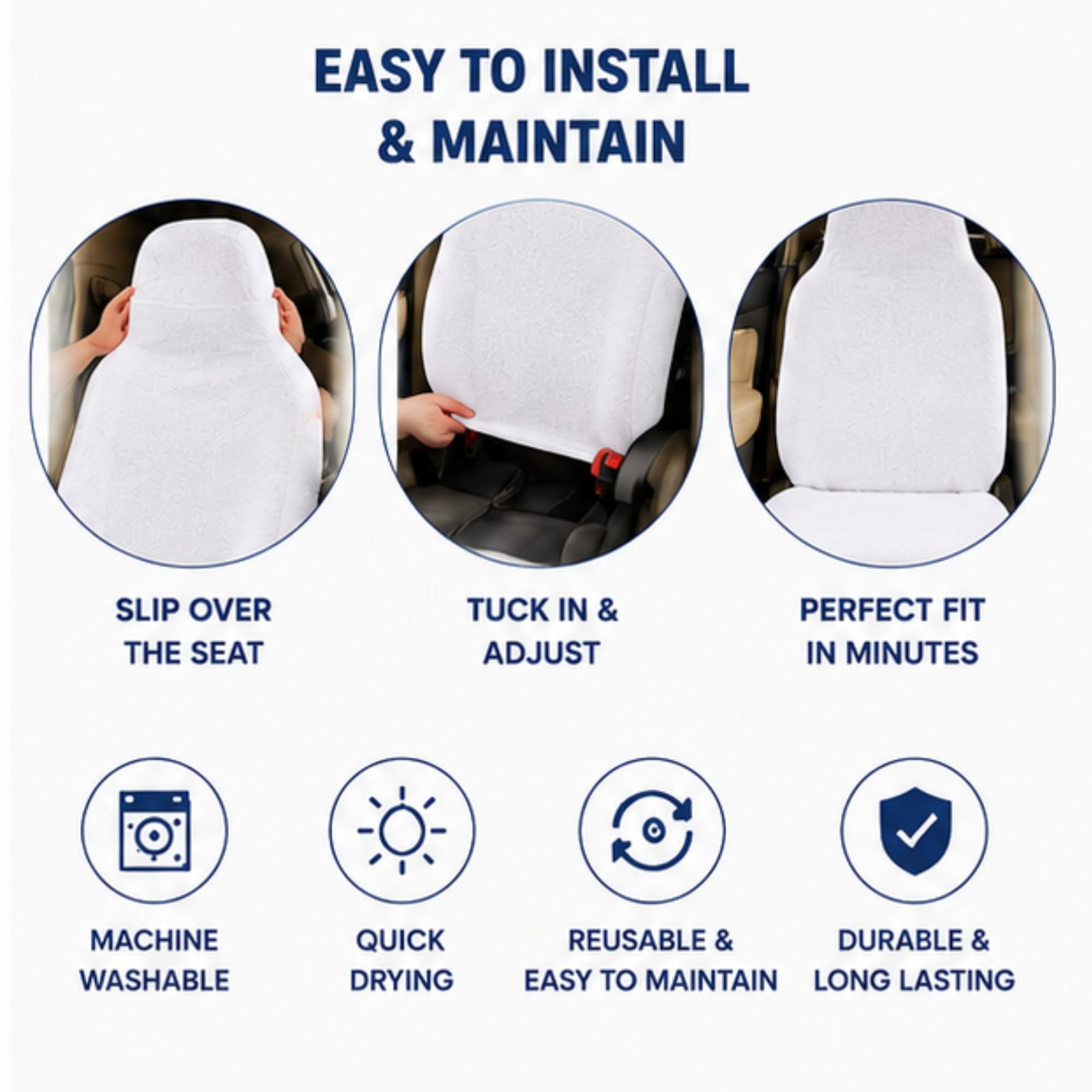 Royal Bharmal White i10 Universal Car Towel Seat Cover Set for Front & Rear Seats | 100% Cotton Terry Fabric | Sweat Absorbent Washable Soft Seat Protector | Universal Fit for Most 5 Seater Cars - Image 3