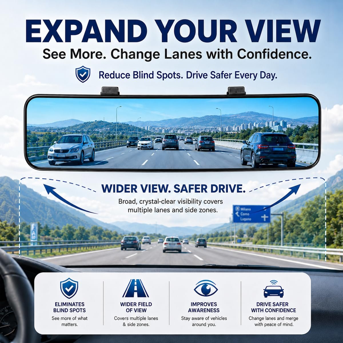 Anti Glare Rear View Mirror for Car, Clip on Wide Angle Rearview Mirror Eliminate Blind Spots Convex, Blue - Image 2