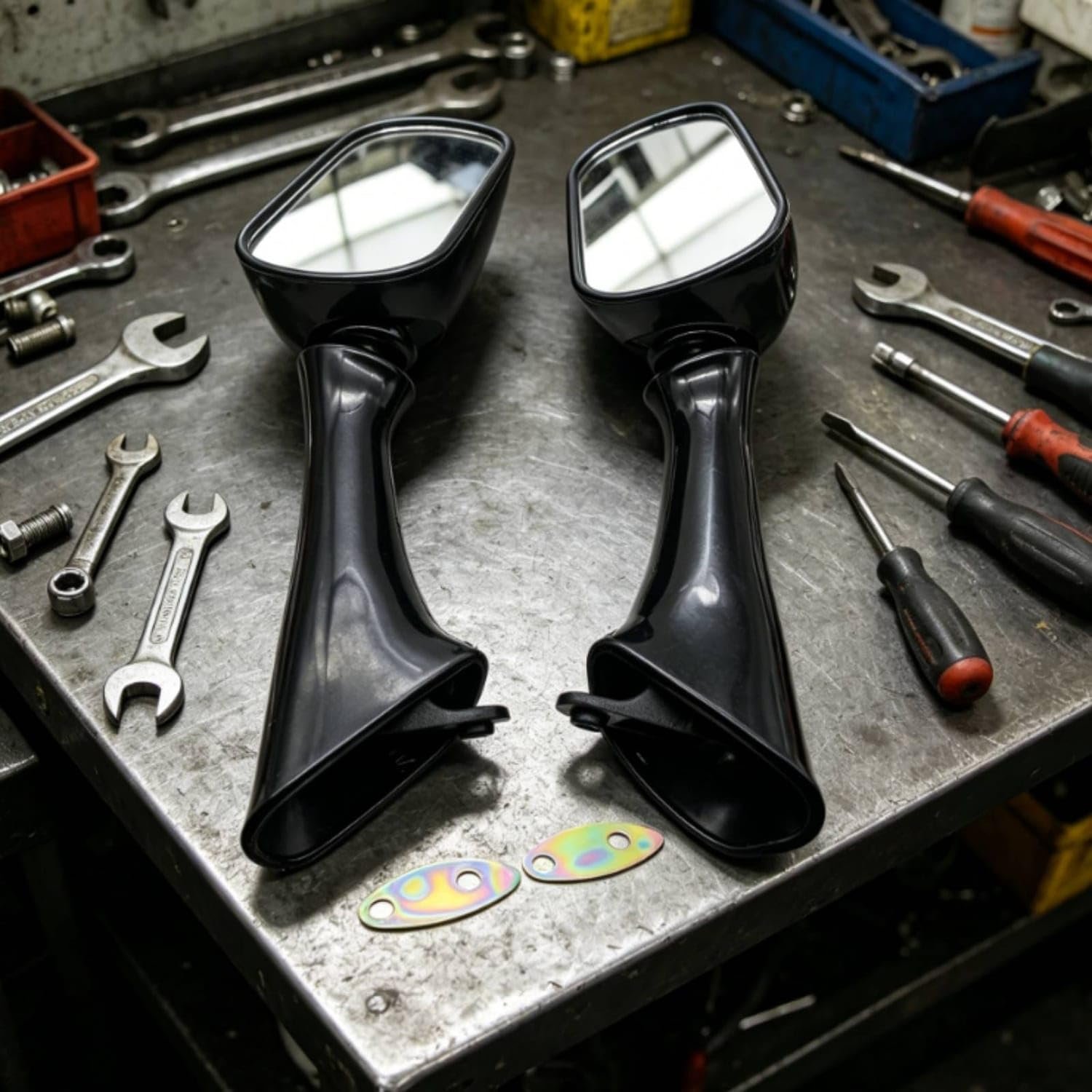 ® Glossy Black Motorcycle Mirrors with Mounting Plates Tapered Motorcycle Rearview Mirrors Angular Rear View for Motorcyclists, Garage Repairs, Rearview for| Assemblies| | & Scooter Parts & - Image 2